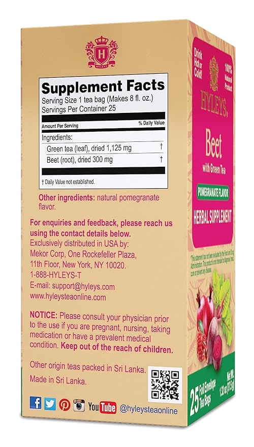 Hyleys Beet & Green Tea with Natural Pomegranate Flavor - Herbal Energy Tea - Supports Focus - 25 Tea Bags