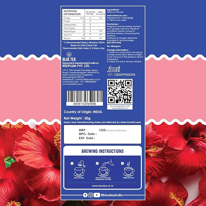 Blue TEA - Hibiscus Tea - 25 Count - Plant Based Tea Bags, Supports Healthy Sugar Levels, Enhances Skin Glow, Caffeine Free - Herbal Tea