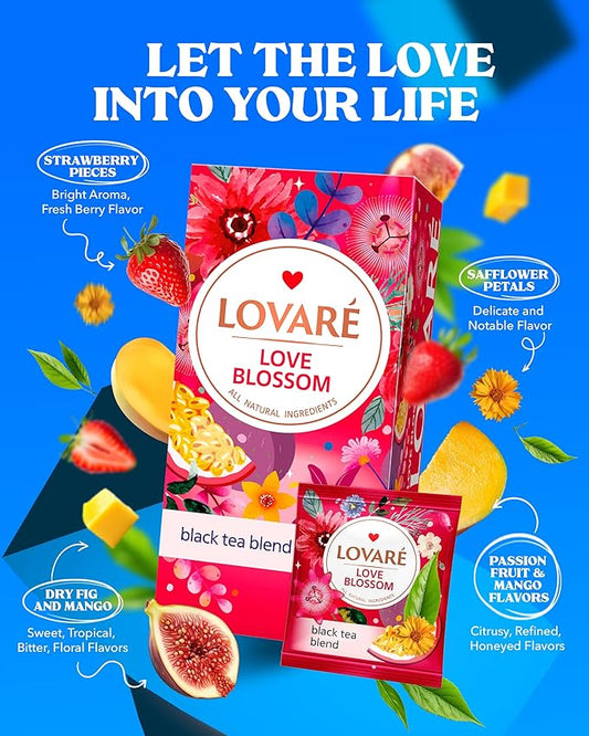 Individually Wrapped Tea Bags By Lovare Made in Ukraine - Black and Green, Floral, Passion Fruit, Huchlebbery Herbal Set with Flowers - Gift Box For Blooming Tea Lovers Men & Women - 48 g (24 tea bags x 2 g each) (Love Blossom)