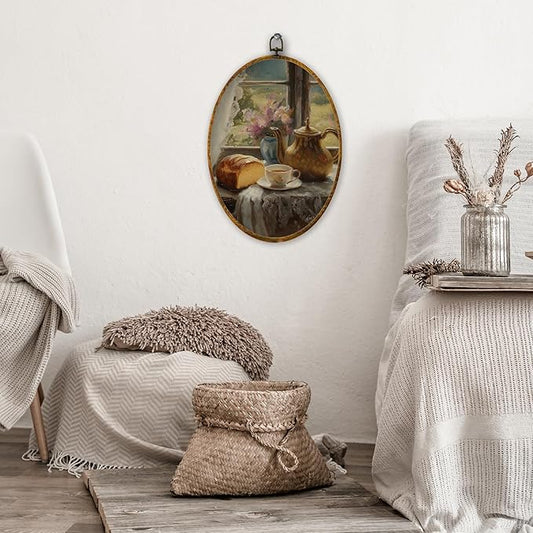 XPH Abstract Vintage Teapot Bread Round Wall Art Framed, Antique Coffee Cup Floral Circle Wall Decor, Rustic French Country Hanging Canvas Prints for Home Kitchen Decoration, 8.6x11.4 inch