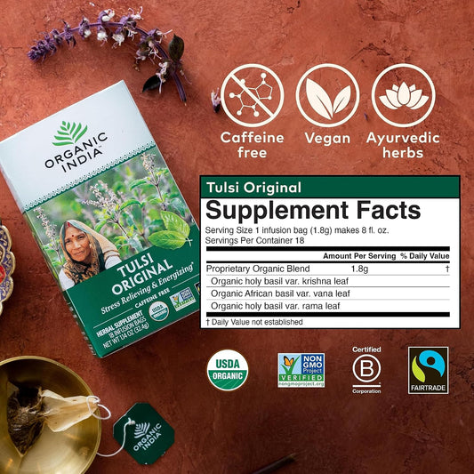Organic India Tulsi Original Herbal Tea - Holy Basil, Stress Relieving & Energizing, Immune Support, Adaptogen, Vegan, USDA Certified Organic, Non-GMO, Caffeine-Free - 18 Infusion Bags, 3 Pack | Holy Basil and African Basil Calming and Stress Relief T
