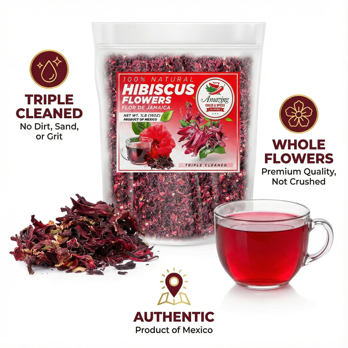 Amazing Chiles & Spices Hibiscus Flowers 1lb (16oz) – All Natural, Triple Cleaned - Whole Soft Flowers and Petals - Flor de