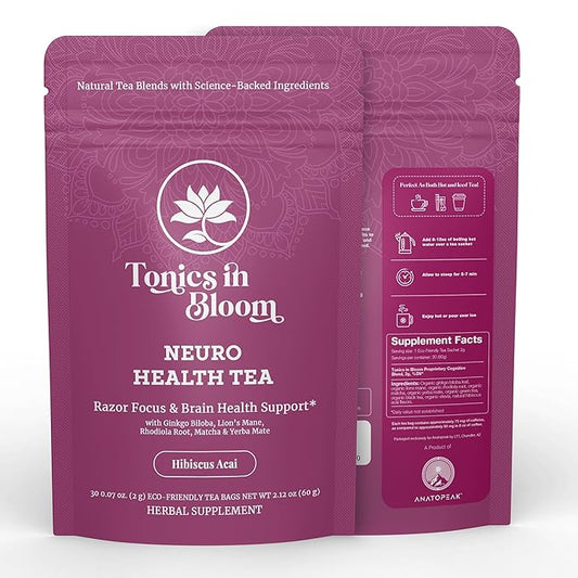 ANATOPEAK Brain Health Organic Herbal Tea - Yerba Mate, Rhodiola, Ginkgo Biloba, Lions Mane Mushroom, Green Tea and Matcha - For Brain Support and Focus - 30 Tea Bags (Hibiscus Acai Flavor)