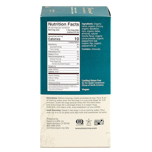 Teeccino Dandelion Mocha Mint Tea - Caffeine Free, Roasted Herbal Tea with Prebiotics, 3x More Herbs than Regular Tea Bags, Gluten Free - 25 Tea Bags