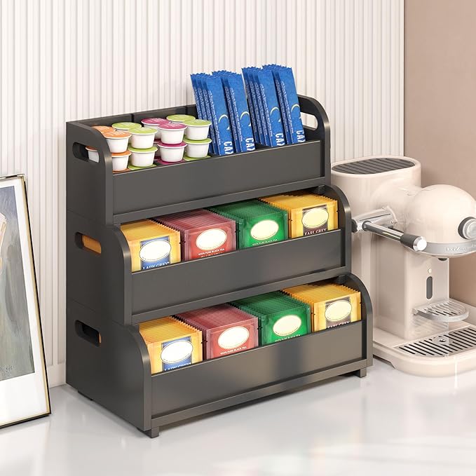 Wisuce Tea Holder for Tea Bags Organizer - Black Bamboo Tea Organizer for Tea Bags 3-Tier Stackable