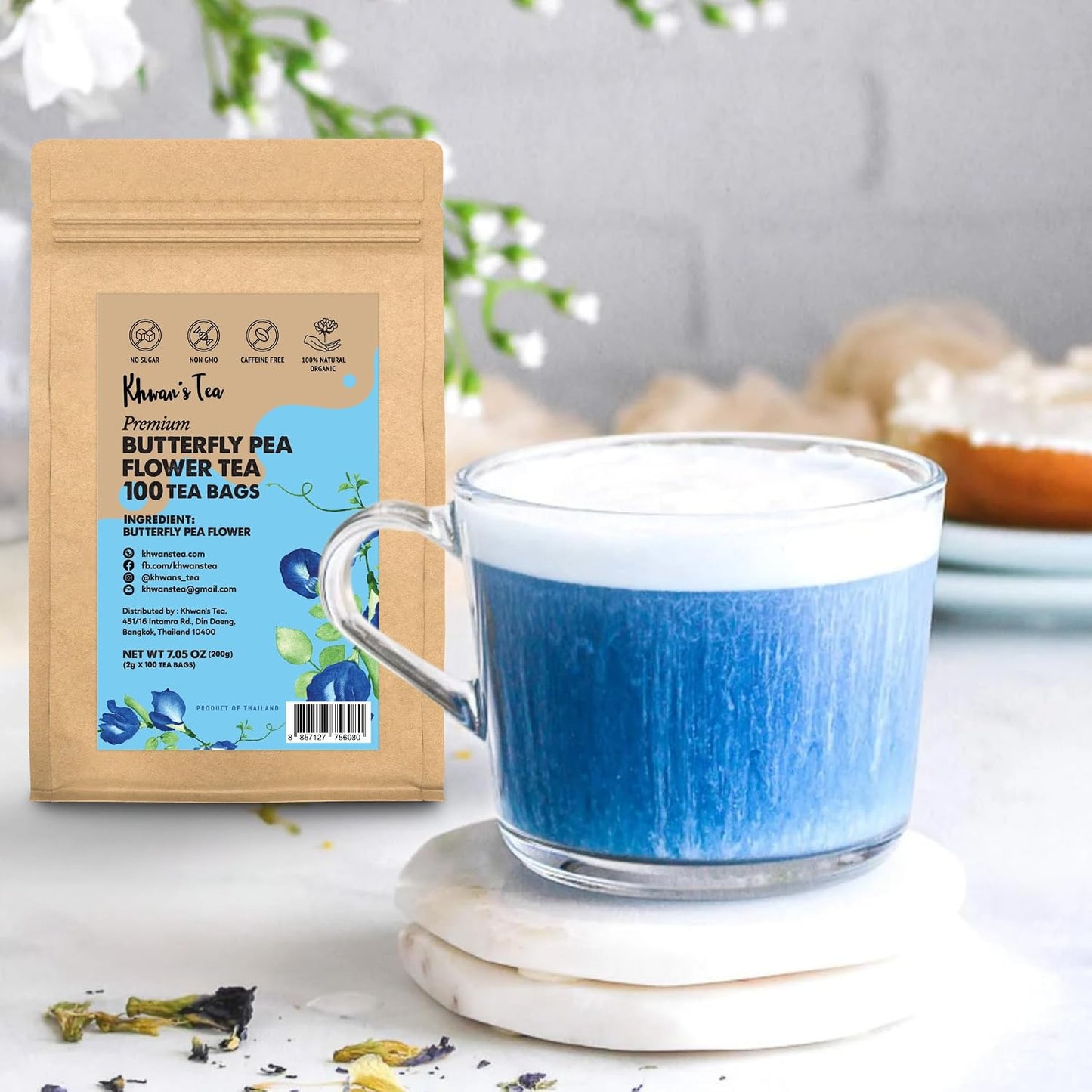 KHWAN'S TEA Organic Butterfly Pea Flower Tea Bags, 100 Count | USDA Organic butterfly pea flower, color-changing blue herbal tea, whole-flower, caffeine-free, vegan, Thai-grown, 100 ct