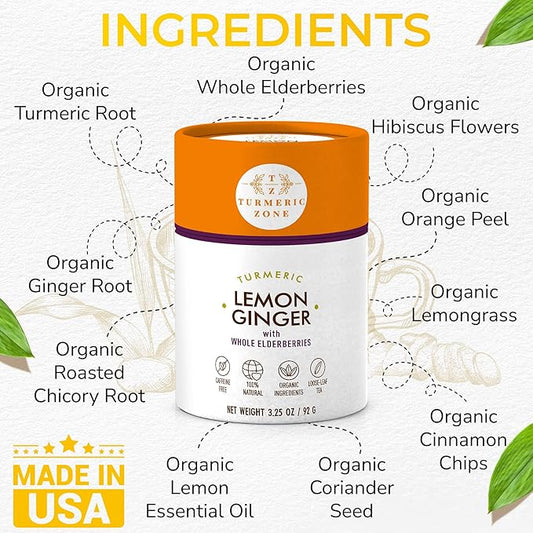 Turmeric Zone Organic Turmeric Lemon Ginger Decaf Tea with Elderberries and Roasted chicory root, Orange peel, Lemongrass, Lemon oil, Hibiscus flowers, Coriander seed, Cinnamon chips - 3.25 oz