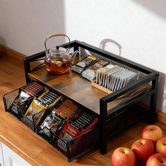 Tea Holder Organizer,Wood Tea Box Organizer Storage Box,Tea Caddy for Tea Bags Organizer Drawer,with 8 Compartments Multi-Functional Tea Station Chest for Countertop