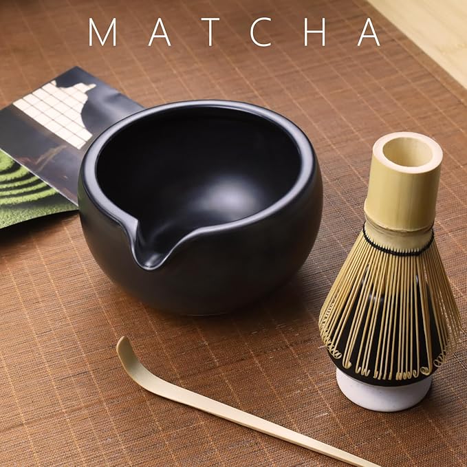 Artcome 7 Pcs Complete Matcha Ceremony Kit for Tea Ceremony, Bowl with Pouring Spout, Whisk, Tea Scoop, Matcha Powder Strainer, Matchatools For Making Usucha, Koicha and Matcha Latte (Black)
