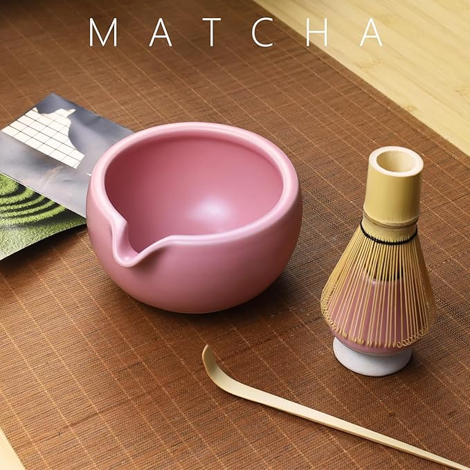 Artcome 7 Pcs Complete Matcha Ceremony Kit for Tea Ceremony, Bowl with Pouring Spout, Whisk, Tea Scoop, Matcha Powder Strainer, Matcha Tea Set For Making Usucha, Koicha and Matcha Latte (Pink)