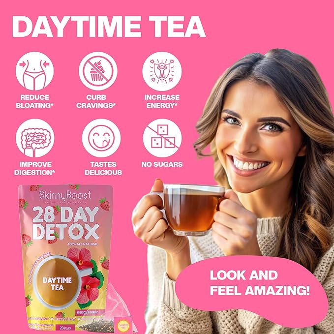 SkinnyBoost 28 Day Detox Daytime Tea -HIBISCUS BERRY (28 Tea Bags) Supports Metabolism Boost, Detox, All Natural, Non GMO, Vegan, Keto Friendly