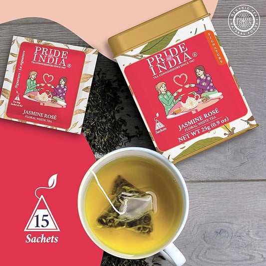 Pride of India | PACK of 6 - Jasmine Rose Royal White Tea | 15 Pyramid Full Leaf Individually Wrapped Tea Bags | Smooth & Sweet Flavor | Soothing & Calming Experience | Less Caffeine