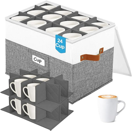 2-Layer Mug Storage Organizer,Quilted Cup Box,China Storage Containers for 24 Tea Cups or Coffee Mugs with Clear Hard Lid,Stackable Tea Storage for Moving(Grey)