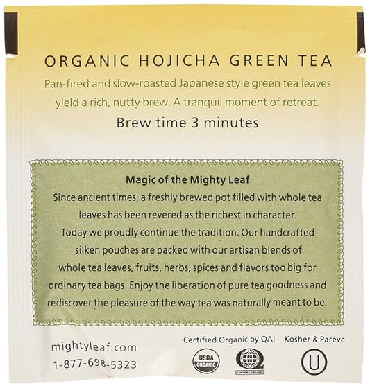 Mighty Leaf Organic Hojicha Green Tea – 100 Count Foil-Wrapped Silken Tea Pouches – Premium Roasted Japanese Green Tea with Smooth, Toasty Flavor – Hot or Iced Brewing