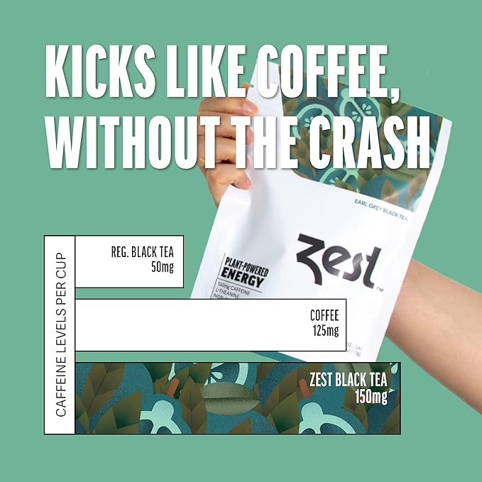 Zest 150mg High Caffeine Energy Loose Leaf Blend - Earl Grey Black Tea - 4 Oz - Hot or Iced - All Natural Strong Flavored Healthy Coffee Alternative Highly Caffeinated Substitute - Perfect for Keto