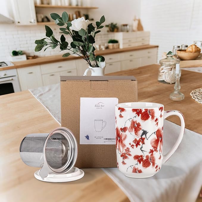AmorArc Porcelain Tea Mug with Infuser and Lids, 18 Oz Coffee Cup Strainer with Bag Holder for Loose Leaf Tea