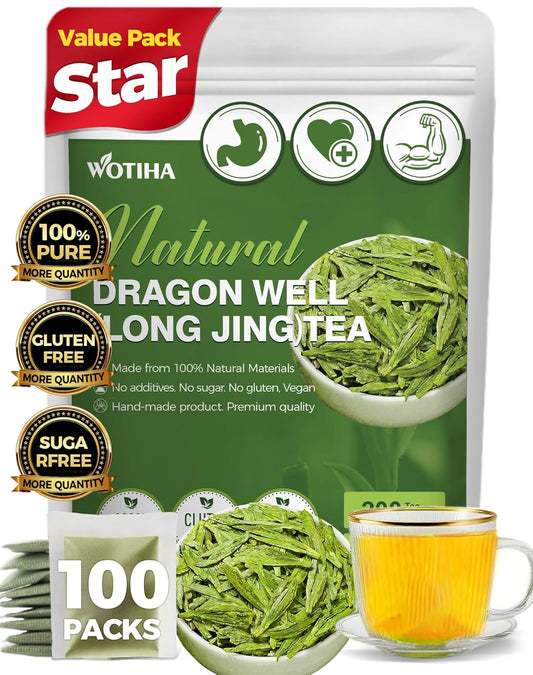 WOTIHA Dragonwell Longjing Green Tea Bags (100 Count) - Premium Spring Harvest Chinese Green Tea - Toasty Nutty Flavor, Rich in Antioxidants - Non-GMO, Caffeine-Free - 8.8oz (250g) Value Pack