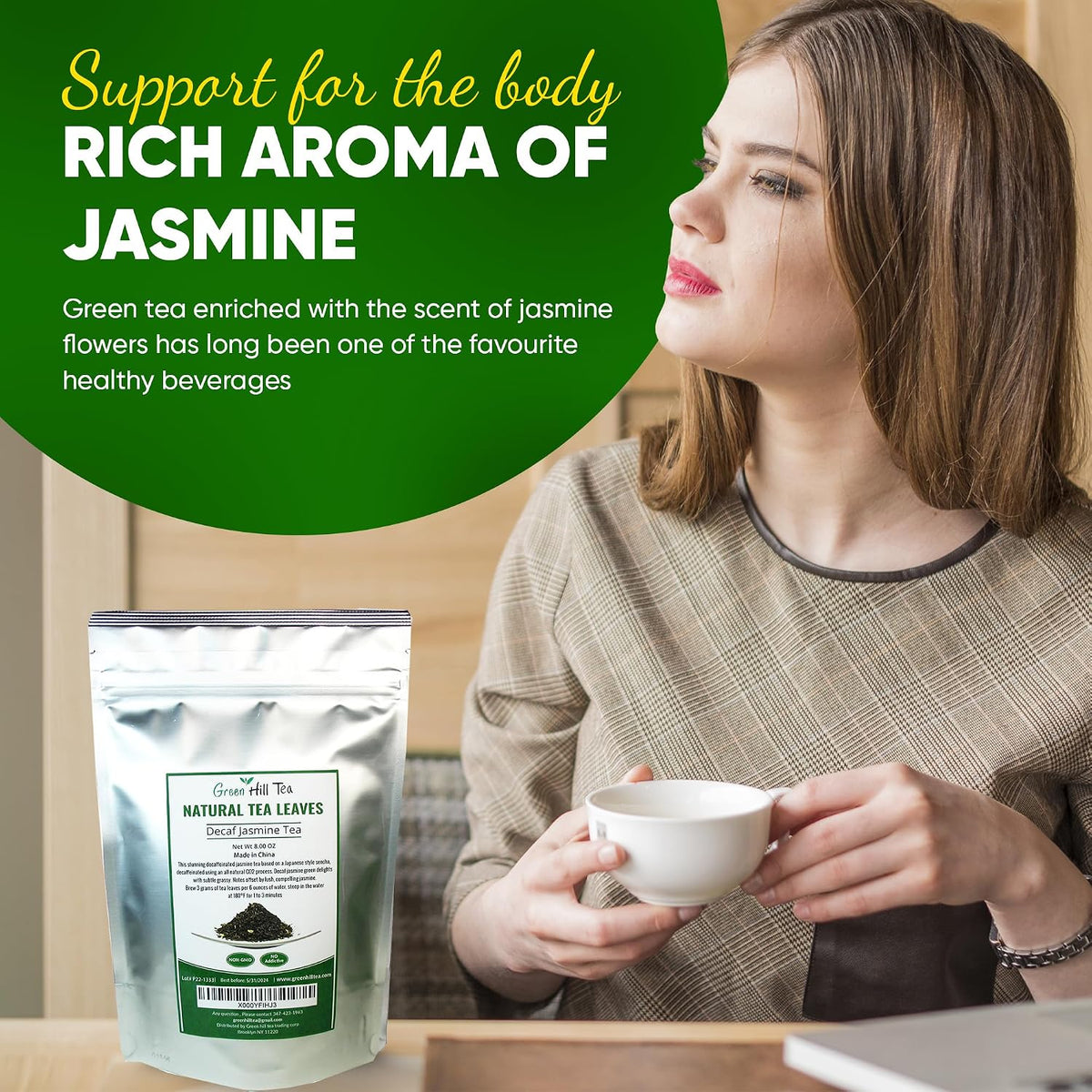 Greenhilltea Decaf Jasmine Green Tea, Green Tea CO2 naturally processed Caffeine-Free Tea - 8 Oz Bag