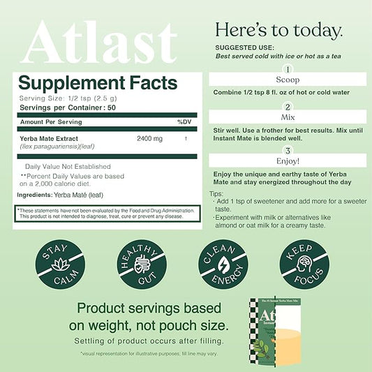 Yerba Mate Instant Tea Powder by Atlast Nutrition- Premium Unroasted, Unflavored, Yerba Mate Instant Tea for a Refreshing and Energizing Experience - 50 Servings