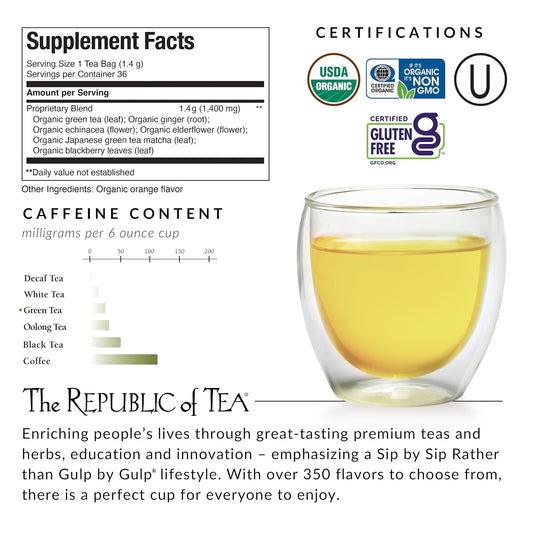 The Republic of Tea SuperGreen Organic Immunity Green Tea, 36 Count | Naturally Caffeinated. Made for morning or afternoon. Fresh with notes of warming ginger. Made with matcha.