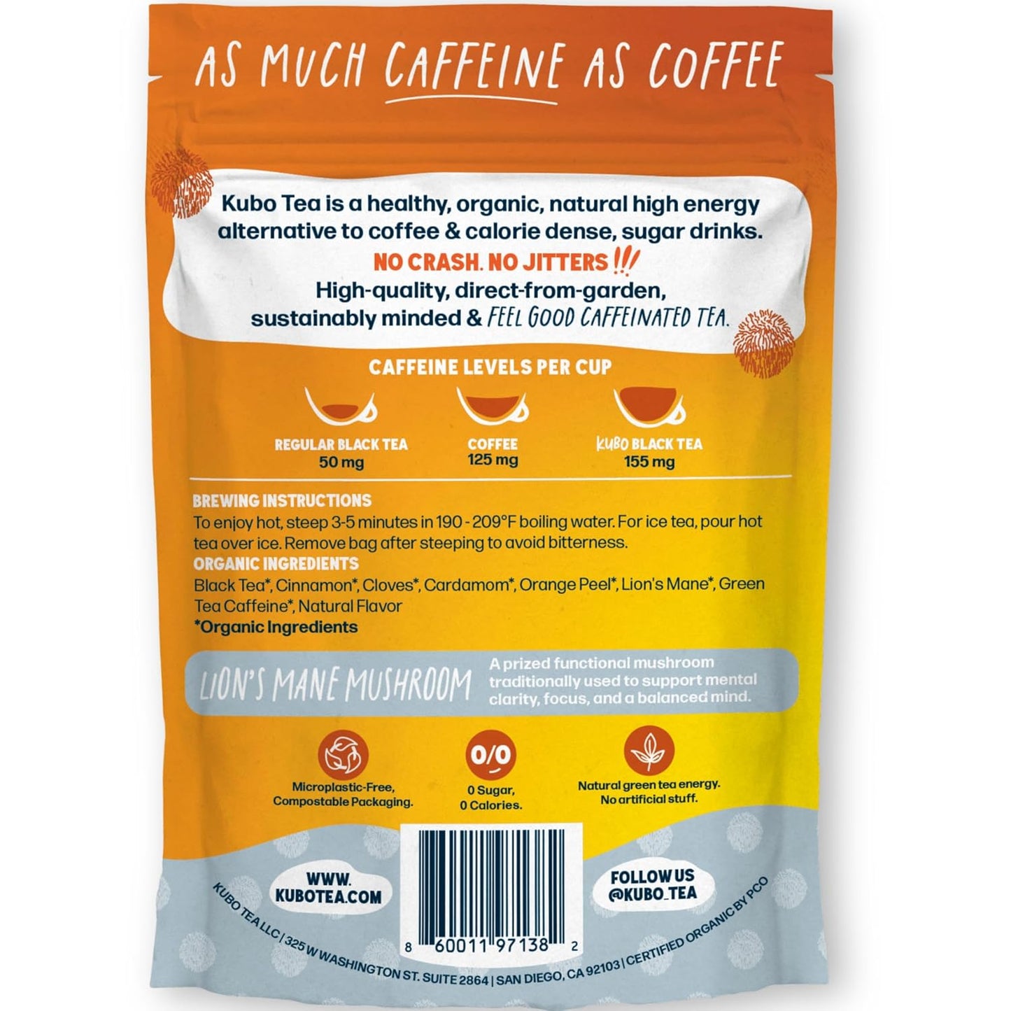 Kubo Lion's Mane Chai Tea Bags, Organic High Caffeine Black Tea, 20 Count | Mushroom, Organic, High Caffeine Black Tea, Lion's Mane