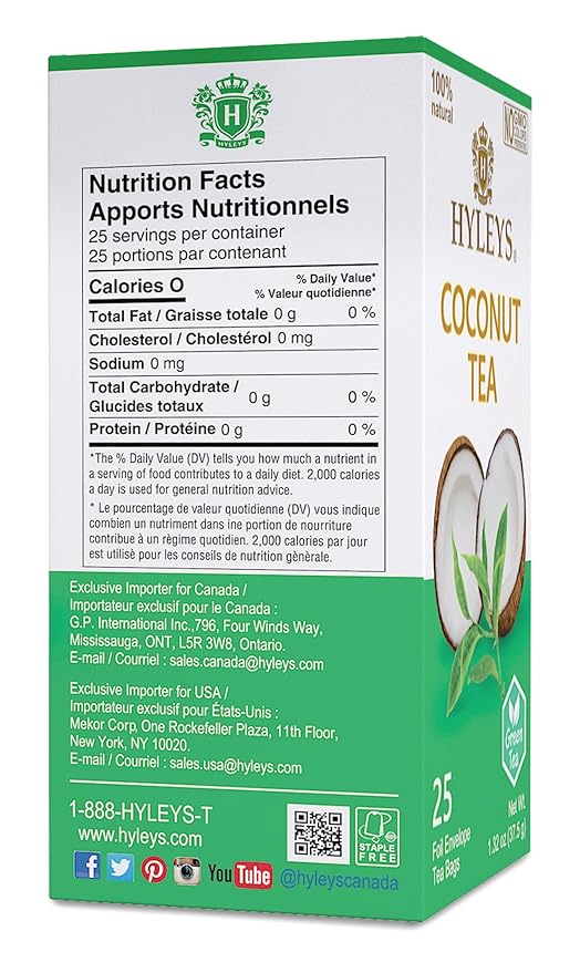 12 Pack of Hyleys Natural Wellness Coconut With Green Tea - 25 Tea Bags (100% Natural Gmo Free, Gluten Free, Dairy Free, Sugar Free)