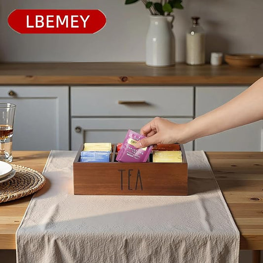 Tea Bag Organizer,Acacia Wood Tea Storage Containers with 6 Compartments, Sugar Packet Holder,Tea Bag Caddy Box for Cabinet Countertop Office (Brown- Labeled "TEA")