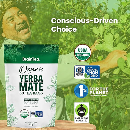 Yerba Mate Tea Organic - Brain Tea Organic Yerba Mate Tea bags 50 count - Native Rainforest Sourced, Unsmoked & Air-Dried, High Caffeine Matte Tea for Detox & Focus Boost - 100g