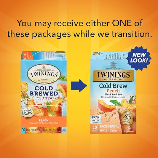 Twinings Peach Cold Brew Iced Tea Bags, 20 Count (Pack of 2), Unsweetened Flavoured Black Tea, Caffeinated, 20 Teabags