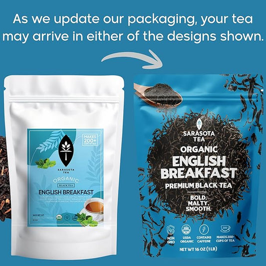 Organic English Breakfast Loose Leaf Tea | Bold Traditional Black Tea Blend | USDA Organic | High Caffeine | Full-Bodied Flavor | 1lb Bulk Bag | Hot or Iced | Non-GMO