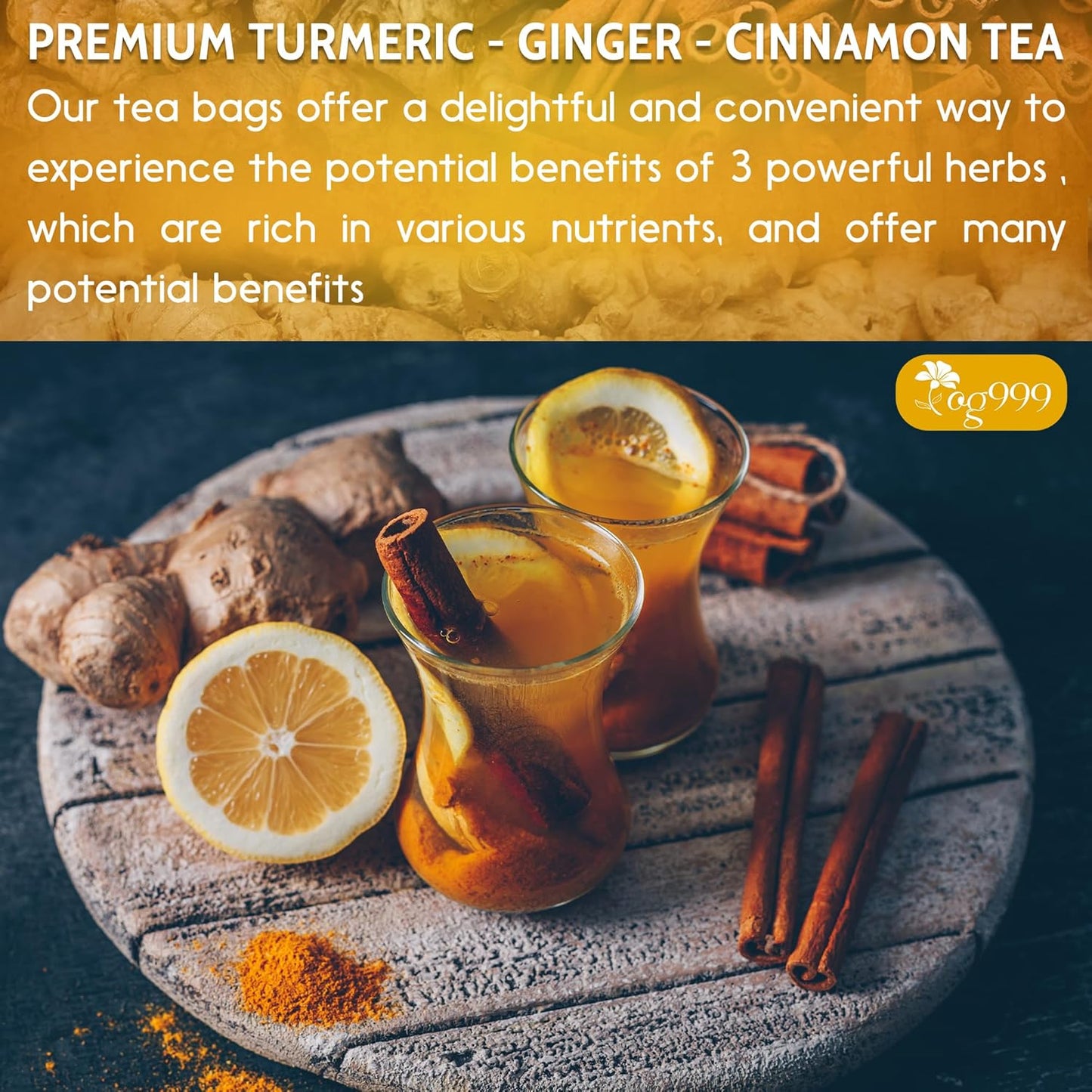 TOG999, 60 Bags Premium Turmeric Ginger Cinnamon Tea, Improve Digestion, Support Brain, Weight, Skin and Sleep, Eco-Conscious Tea Bags and Premium Natural Ingredients. Turmeric Ginger Herbal Tea. No Sugar, No Caffeine, No Gluten, Vegan.