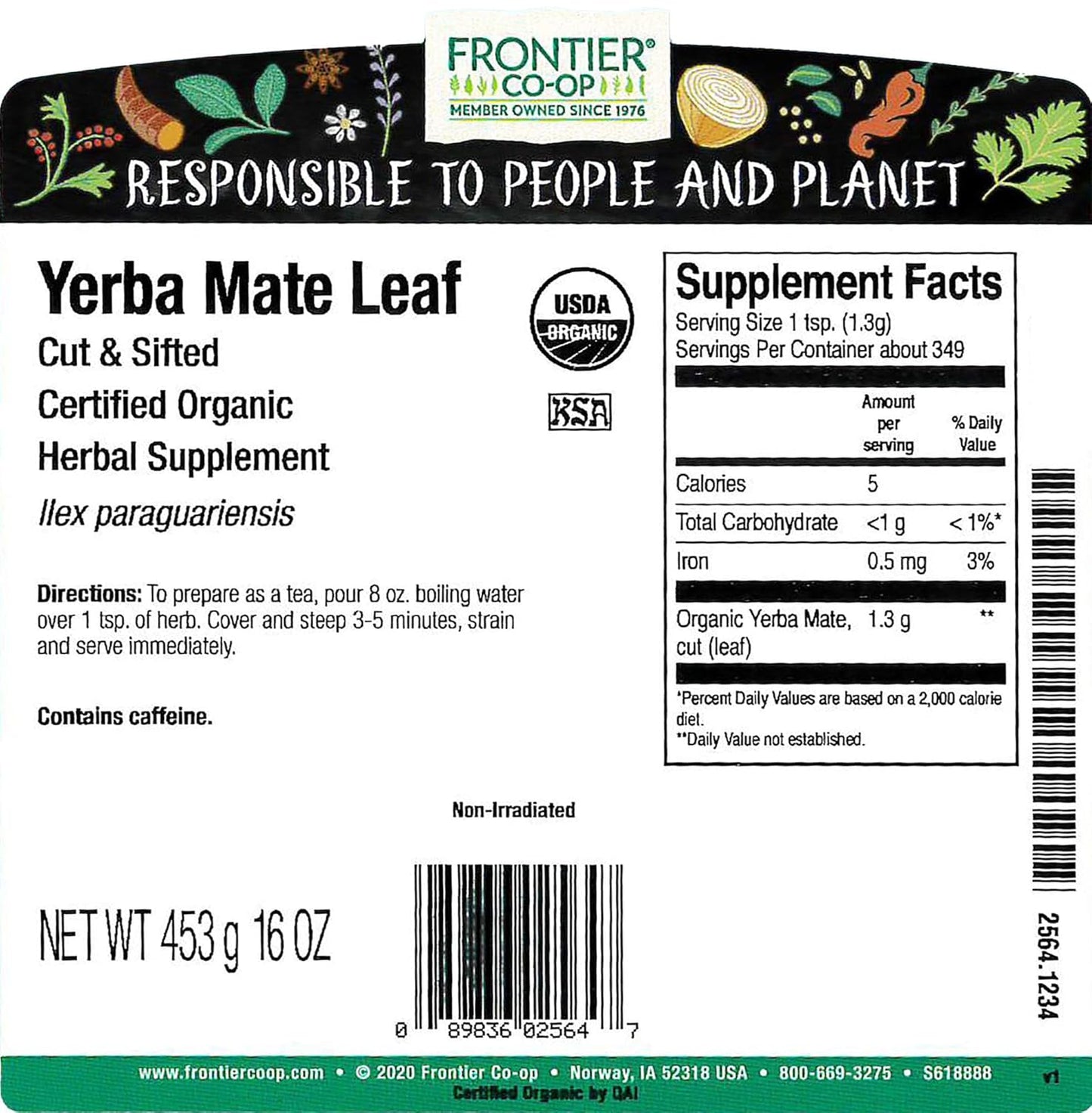 Frontier Herb Bulk Yerba Mate Leaf Organic Cut and Sifted, 1 Pound