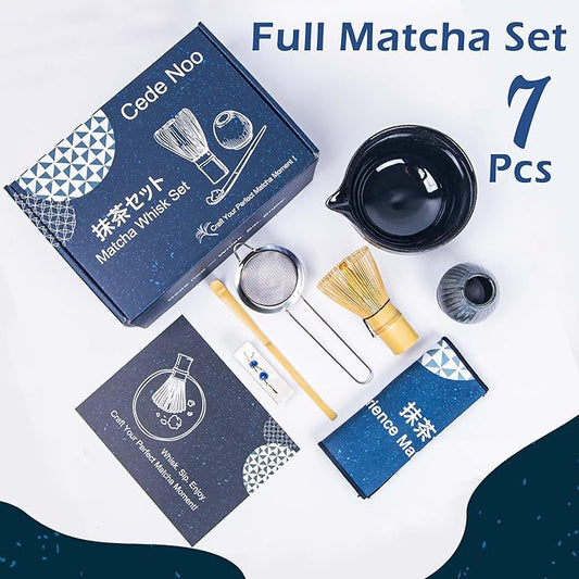 Matcha Whisk Set – Ceramic Matcha Bowl with Spout, Bamboo Whisk, Scoop, Ceramic Holders, Stainless Sifter, Towel