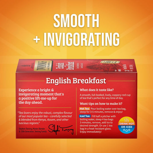 Twinings English Breakfast Black Tea Bags, 20 CT Box (1 Pack) | Popular Tea Classic, Robust & Smooth, Naturally Caffeinated, 20 Foil Lined Individually Wrapped Bags, Enjoy Hot or Iced