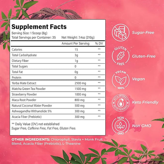 Yerba Mate Strawberry Matcha Powder – Smooth & Refreshing Super Blend, Premium Japanese Matcha, Sweet Strawberry Flavor – 11.6 oz (30 Servings) – Sugar-Free, Gluten-Free