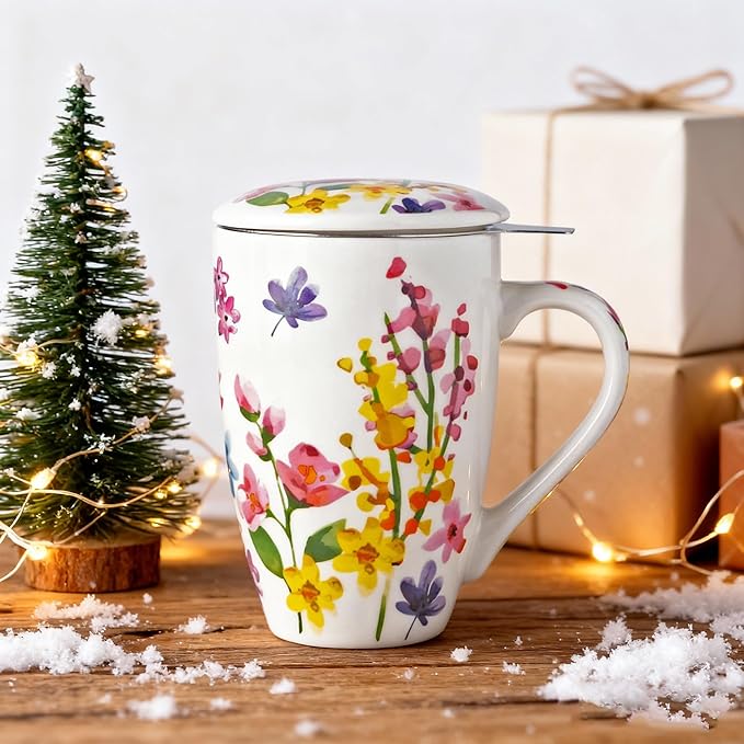 Gbhome Tea Mug with Infuser and Lid, 18 Ounce Large Ceramic Loose Leaf Cup, Microwave, Dishwasher Safe, Perfect for Tea Lovers