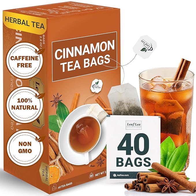 LeafLea 40 Cinnamon Tea Bags, 100% Natural Ground Cinnamon Stick Herbal Tea, Spiced and Warming Flavor for Relaxation, Caffeine-Free, Sugar-Free, Non-GMO, Vegan