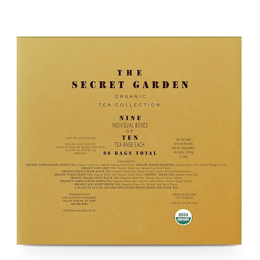 Premium Organic Holiday Tea Bag Sampler Gift Box - 90 Bags 9 Exotic Flavors Herbal Orange Spice, Mango, Earl Grey, Pomegranate, Peach, Green, Ginger Peach, Lemon Ginger, Acai Berry