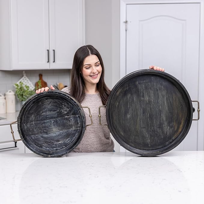 20” Large Round Ottoman Tray, Distressed Black Mango Wood, Rustic Farmhouse Style with Antique Brass Handles & Accent Strap, Large Coffee Table Tray for Tea, Breakfast in Bed, Living Room