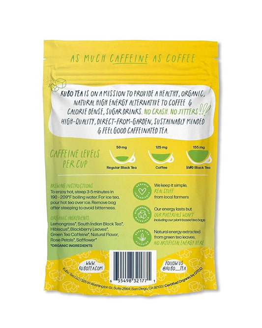 High Caffeine Iced Tea (155 mg) - Kubo Tea: Organic Half & Half Lemonade Black Tea Bags for Clean Energy & Focus | Healthy Coffee Substitute | High Energy Iced Blend | 20 Ct | Compostable Packaging
