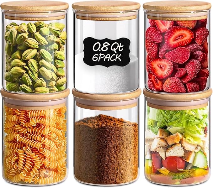 ComSaf 0.8 Qt Glass Food Storage Jars Set of 6, Clear Glass Storage Containers with Lids, Pantry Org