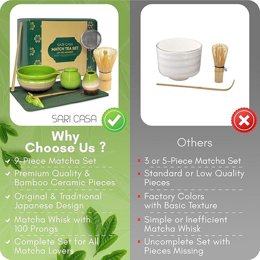 9 Pcs Matcha Whisk Set – Bamboo Matcha Whisk, Bowl, Scoop and Sifter – Complete Matcha Tea Set and Kit for Making Matcha at Home, Cup and Accessories