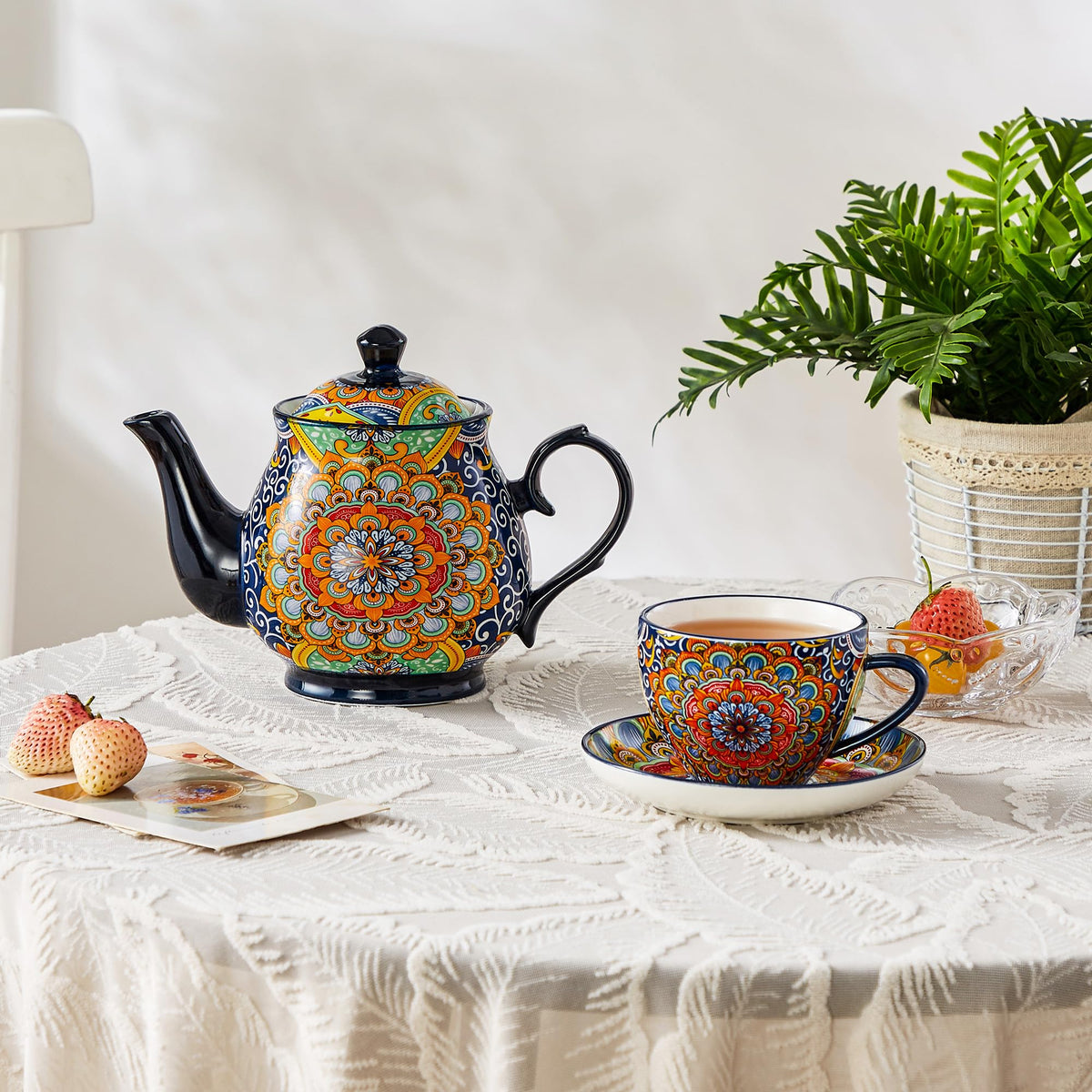 vancasso SIMI 28 oz Porcelain Teapot, Bohemian Ceramic Tea Pot with Regal Bloom Pattern, Microwave & Dishwasher Safe