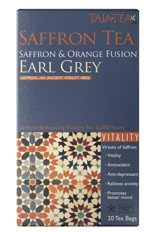 Taja Saffron Tea - Saffron & Orange Fusion Earl Grey, Emotional Wellness, Calm Focus, Antioxidant Vitality Blend, Caffeinated | Gluten Free | Kosher, 20 Tea Bags