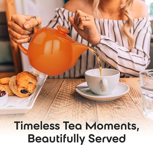 OmniWare 14 Oz Stoneware Teapot with Stainless Steel Mesh Infuser (Orange) - Microwave & Dishwasher Safe, Removable Infuser, Retro-Style Kitchenware Ideal for Loose Tea Brewing