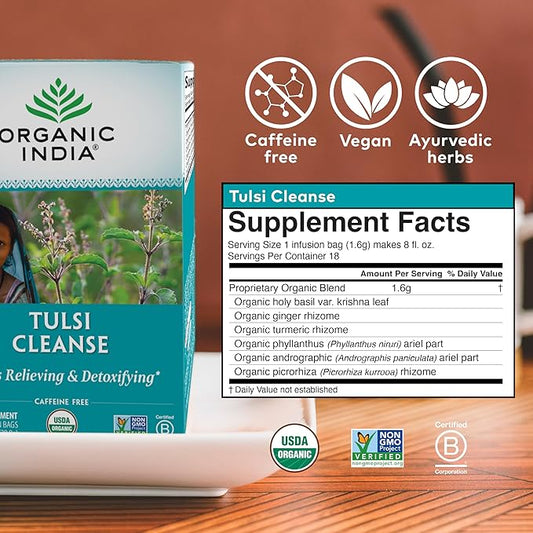 Organic India Tulsi Cleanse Detox Tea - Holy Basil, Ginger, Turmeric, Herbal Tea, Stress Relieving & Cleansing, Immune Support, Adaptogen, Organic, Non-GMO, Caffeine-Free - 18 Infusion Bags, 6 Pack