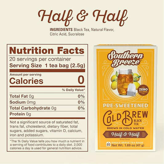 Southern Breeze Cold Brew Sweet Tea Half & Half Iced Tea with Black Tea and Zero Carbs Zero Sugar, 20 Individually Wrapped Tea Bags (Pack of 2) Southern Sweet Tea Iced Tea Beverage