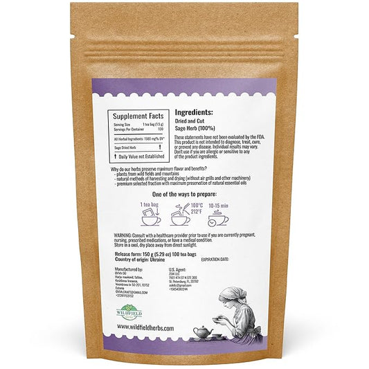 100 Bags Dried Sage Herb Herbs Tea (Salvia officinalis) - 100 count Tea Bags Sage Herbal Tea
