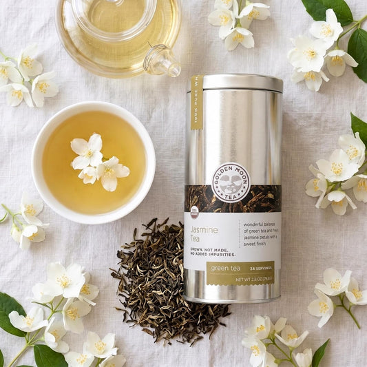 Golden Moon Organic Jasmine Green Tea Travel Tin – 34 Servings 2.5oz | Organic jasmine green tea in airtight travel tin – real blossoms, no flavor sprays. On-the-go, 34 servings.