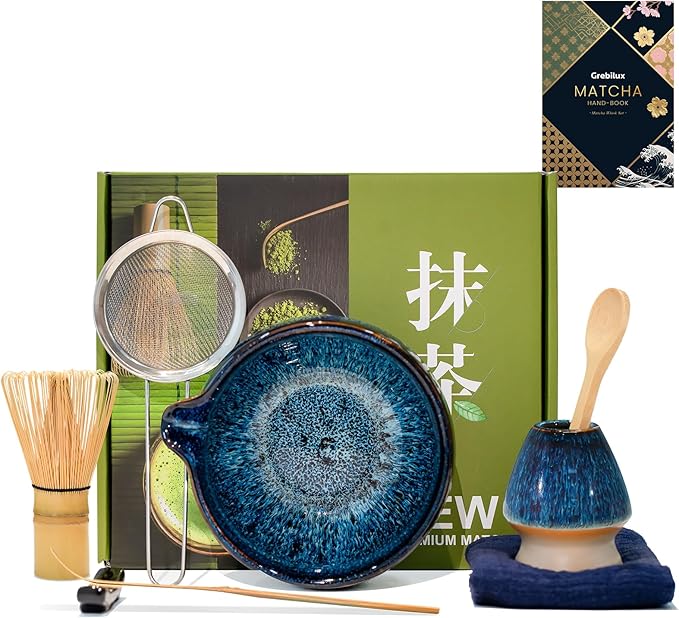 Matcha Whisk Set, Blue Matcha Kit (9 Pcs) Includes Bowl, Whisk, Holder, Scoop, Sifter, Spoon, Rest,